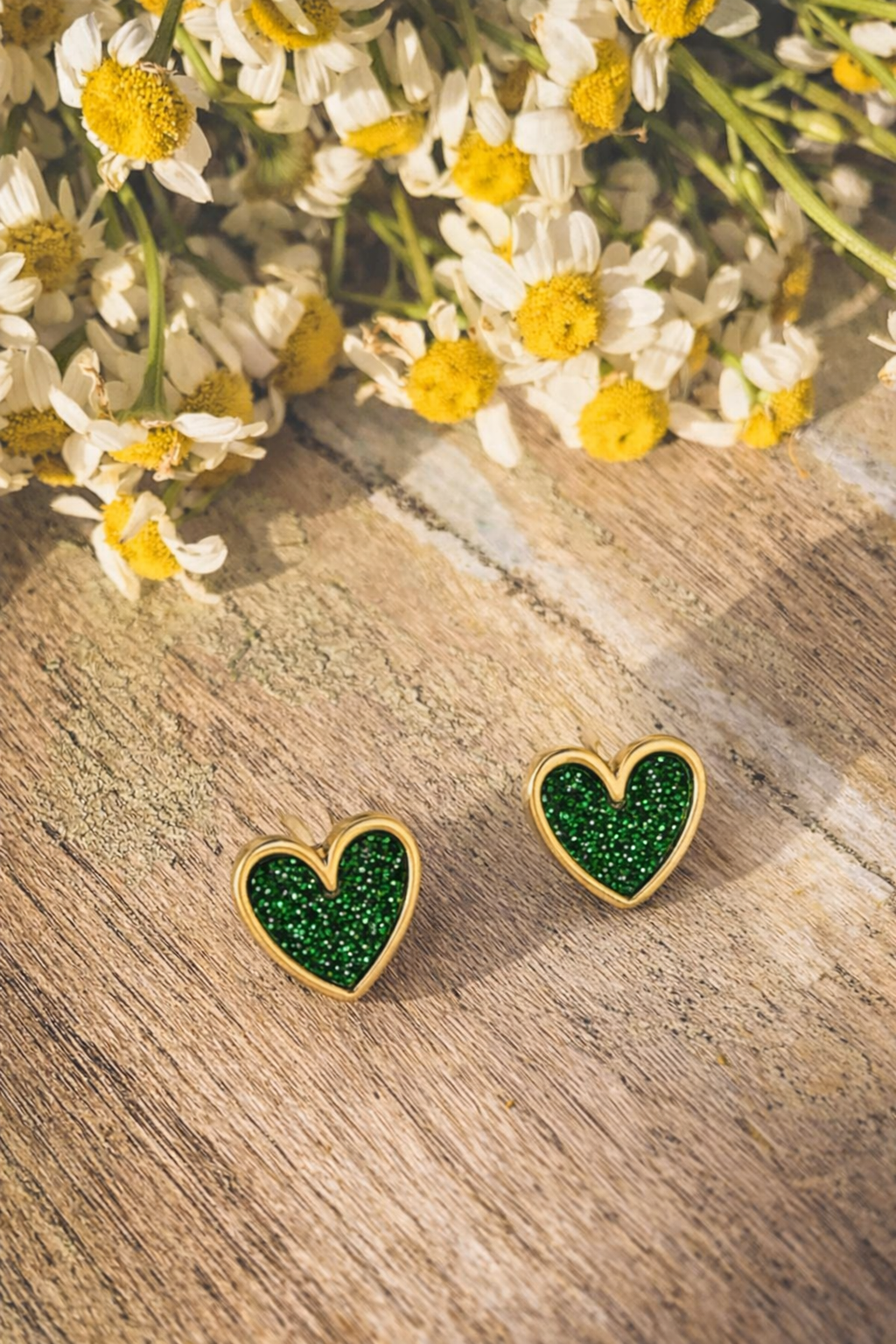 Adorable Gold and Green Heart Stud Earrings