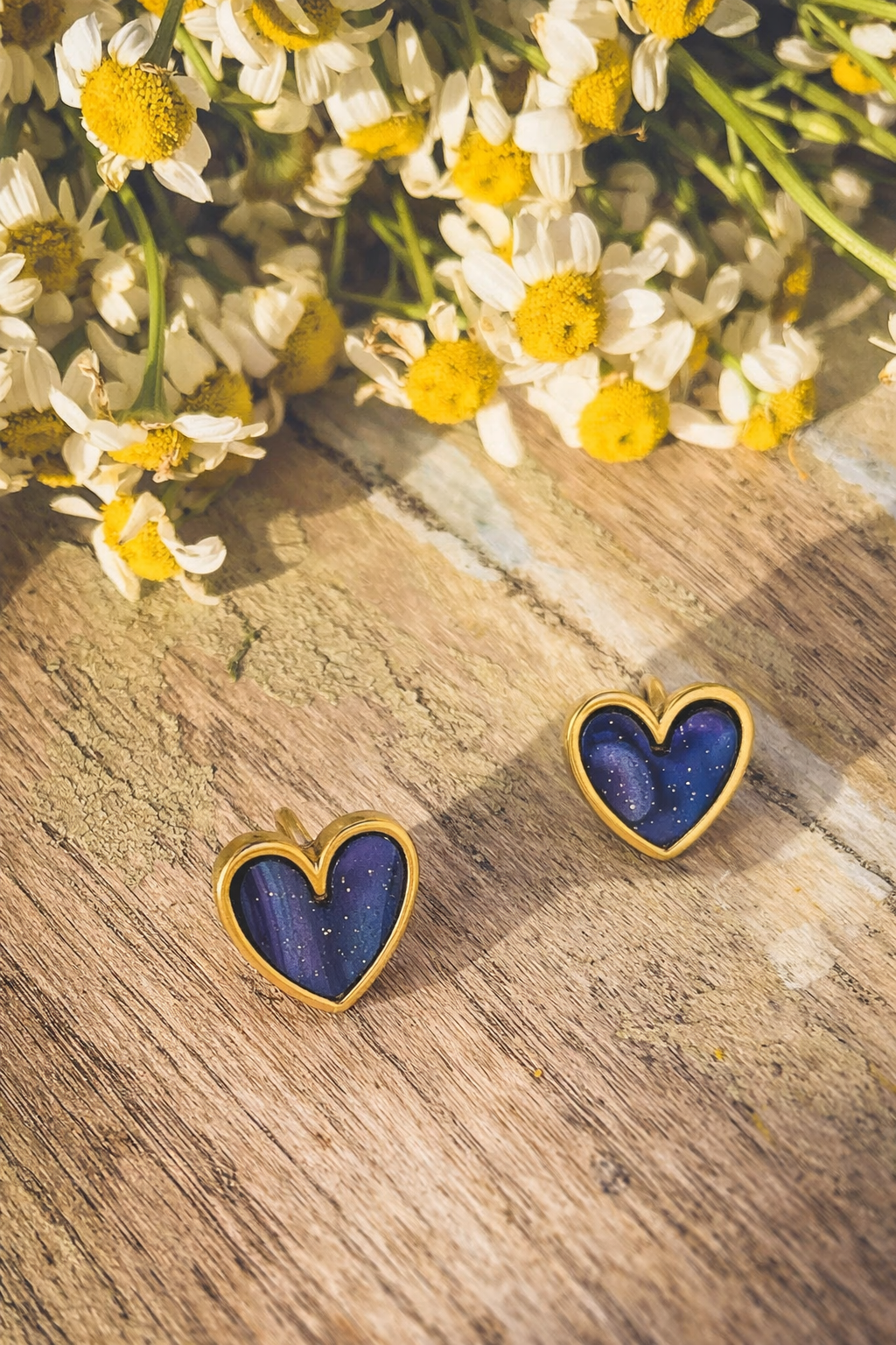 Adorable Gold and Blue Heart Stud Earrings