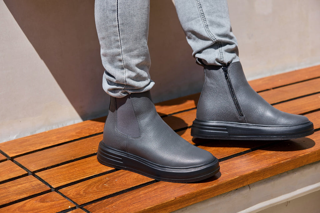 CALTO - J24811 - 3 Inches Taller (Grey Slate) - Lightweight Pebble Nappa Chelsea Zipper Boots