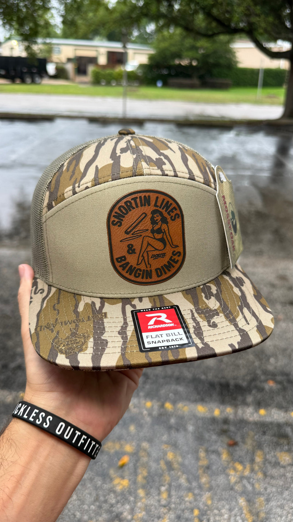 Lines and Dimes Mossy Oak Rawhide Leather Patch Hat