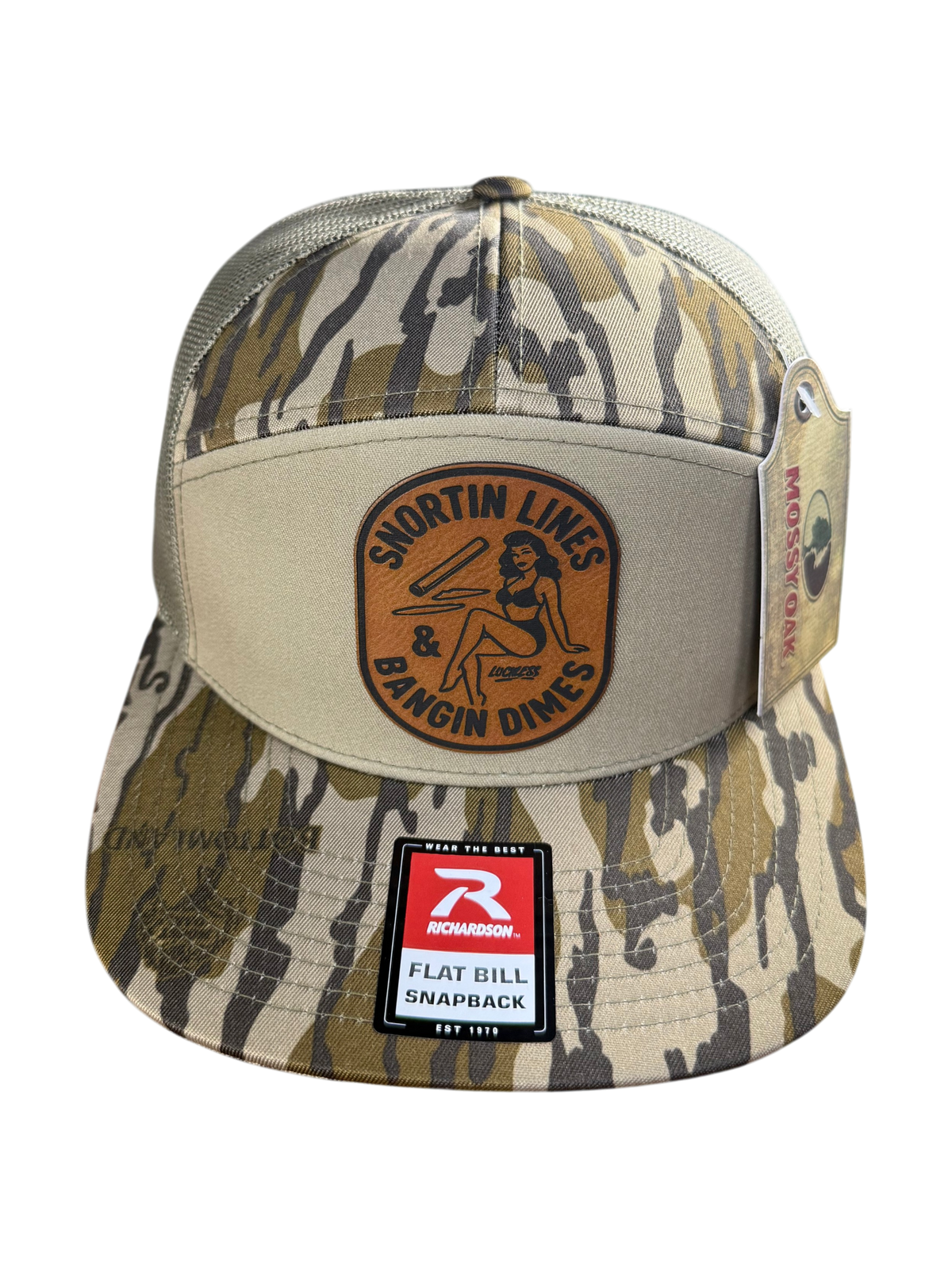 Lines and Dimes Mossy Oak Rawhide Leather Patch Hat