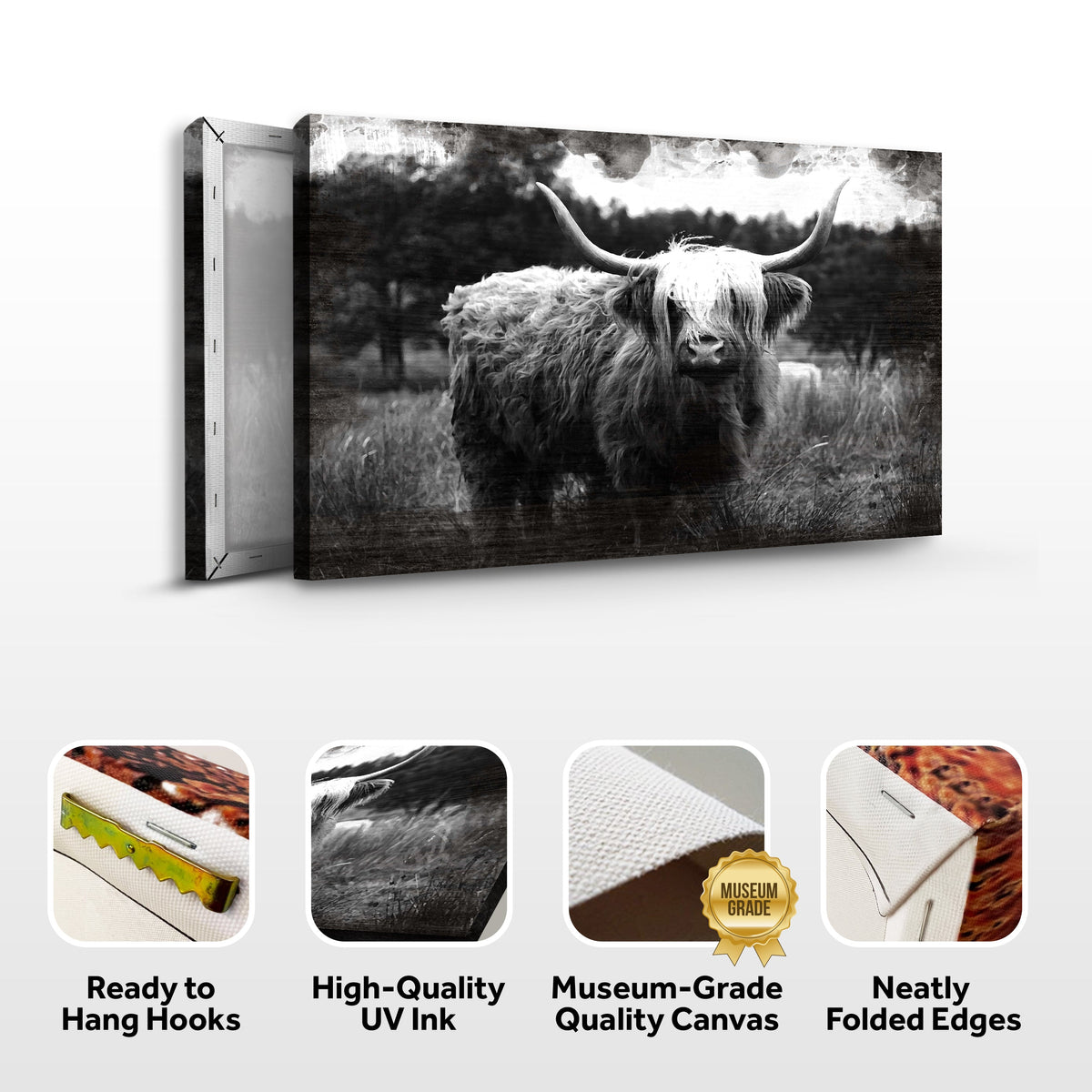 Highland Cattle Monochrome Canvas Wall Art