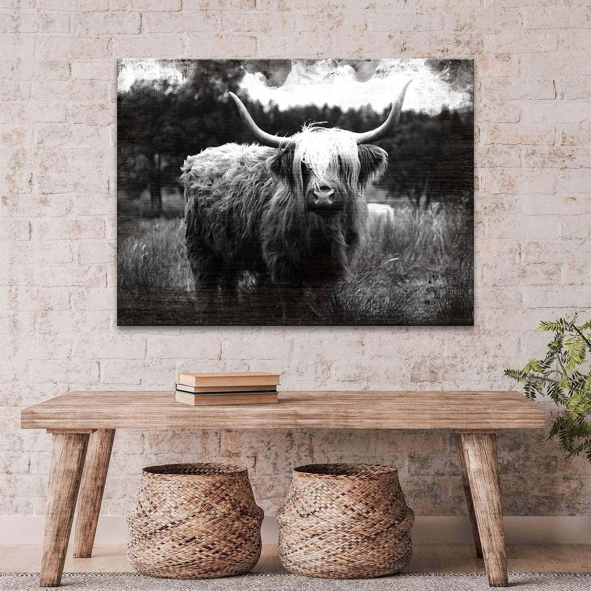 Highland Cattle Monochrome Canvas Wall Art