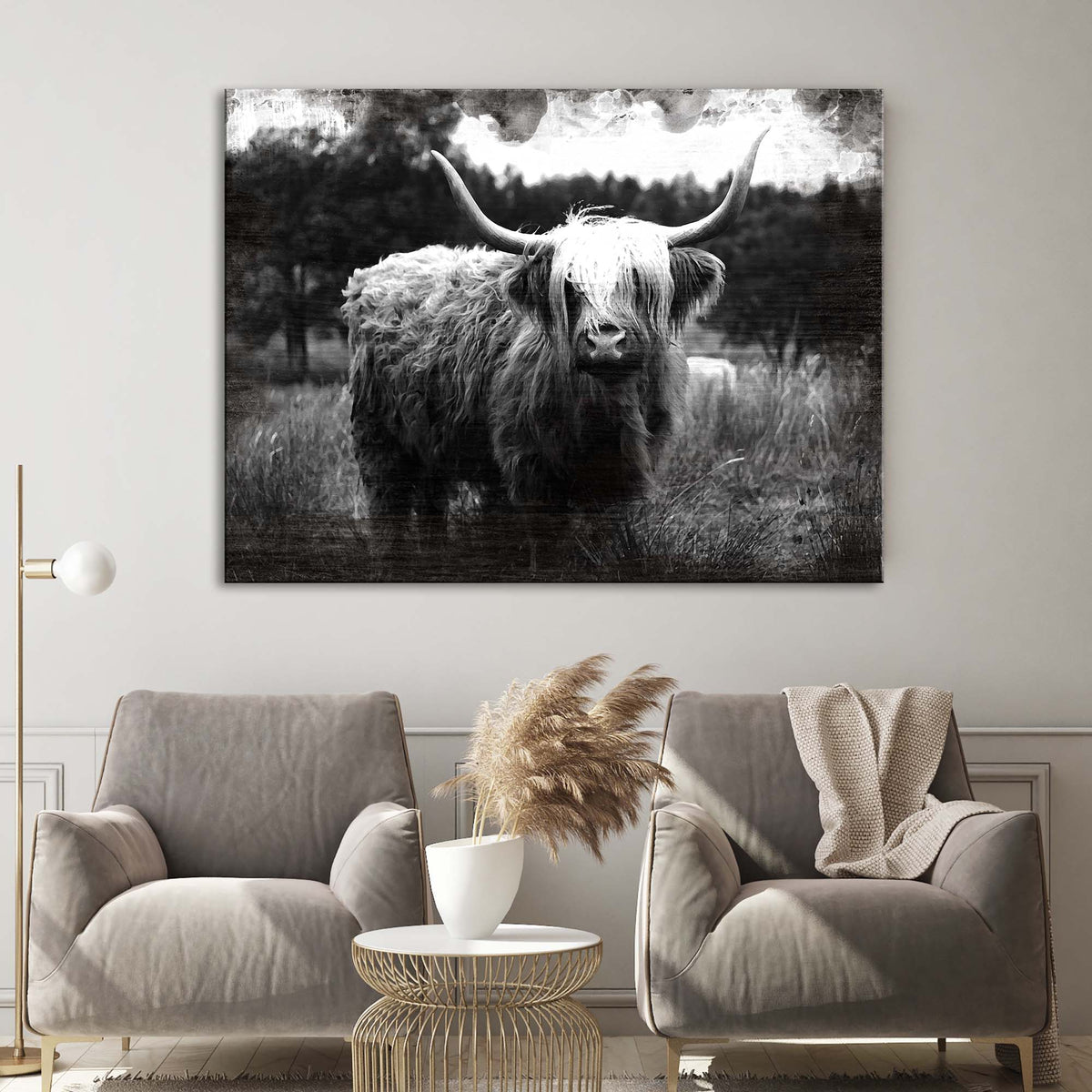 Highland Cattle Monochrome Canvas Wall Art