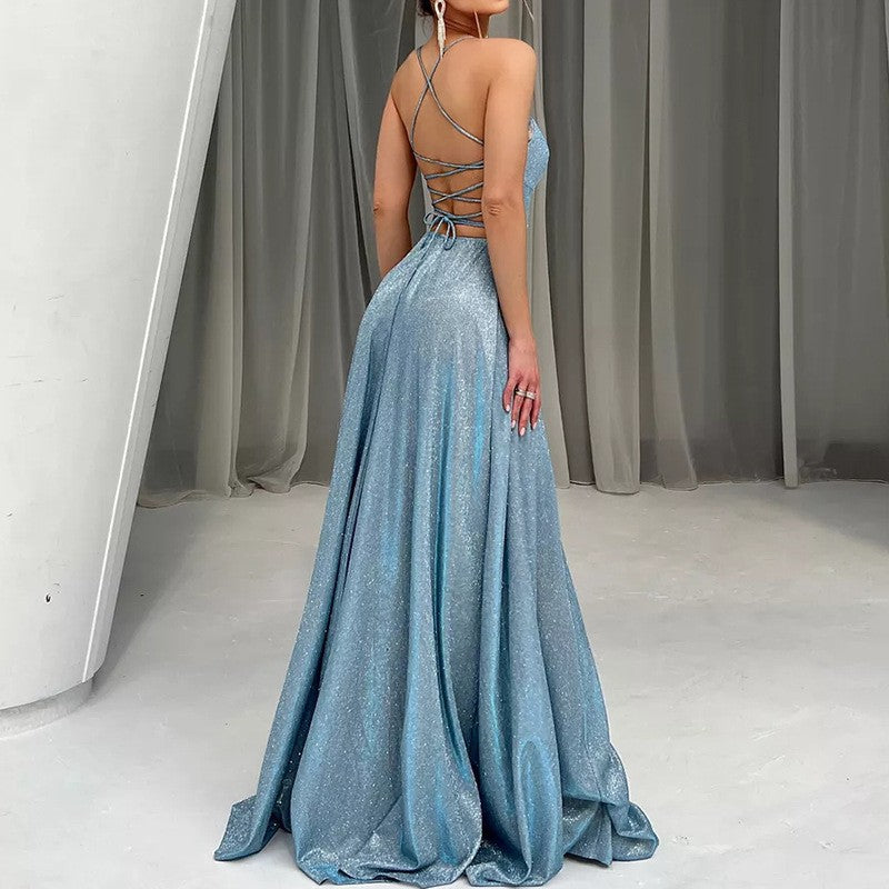 Women Sling Backless Sexy Slit Glitter Party Cocktail Evening Dress