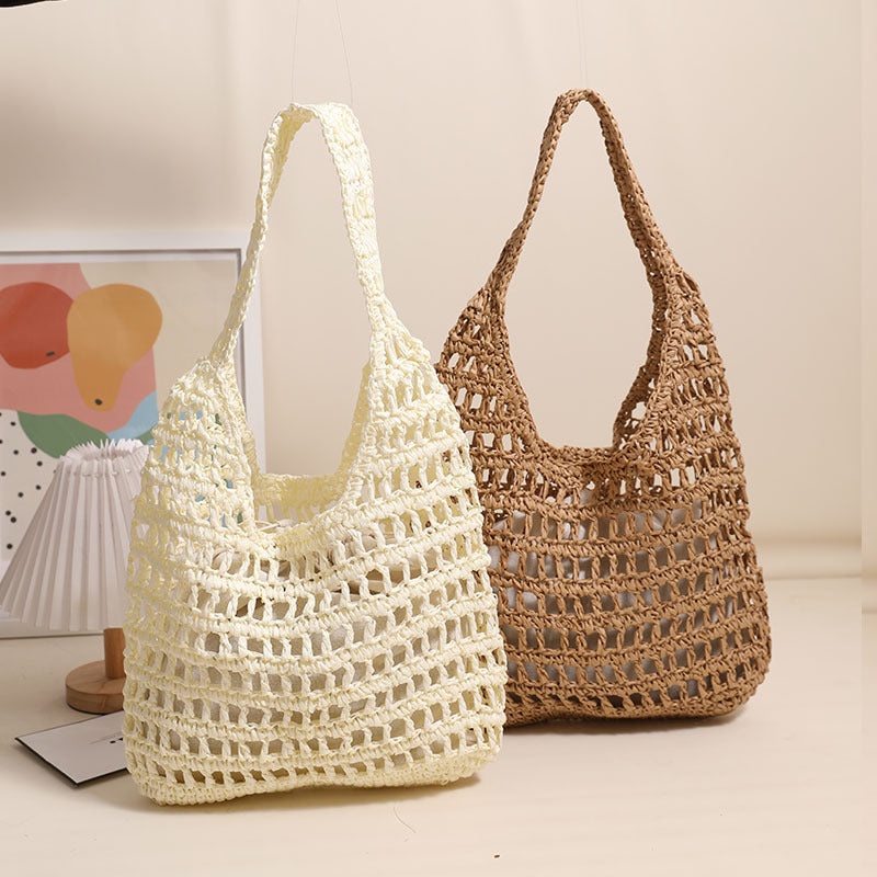 French Large Capacity Shoulder Straw Bag Hollow Out Cutout Tote Portable Straw Bag Woven Bag Seaside Vacation Beach Bag