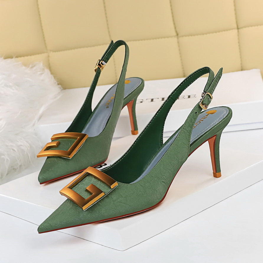 Women Shoes Stiletto Heel Shallow Mouth Pointed Toe Hollowed Back Strap Metal Square Buckle Pumps