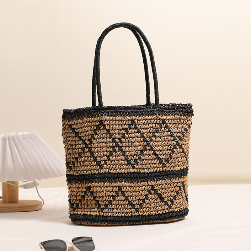 Retro Rhombus Shoulder Straw Bag Straw Bag Woven Bag Vacation Beach Women Bag
