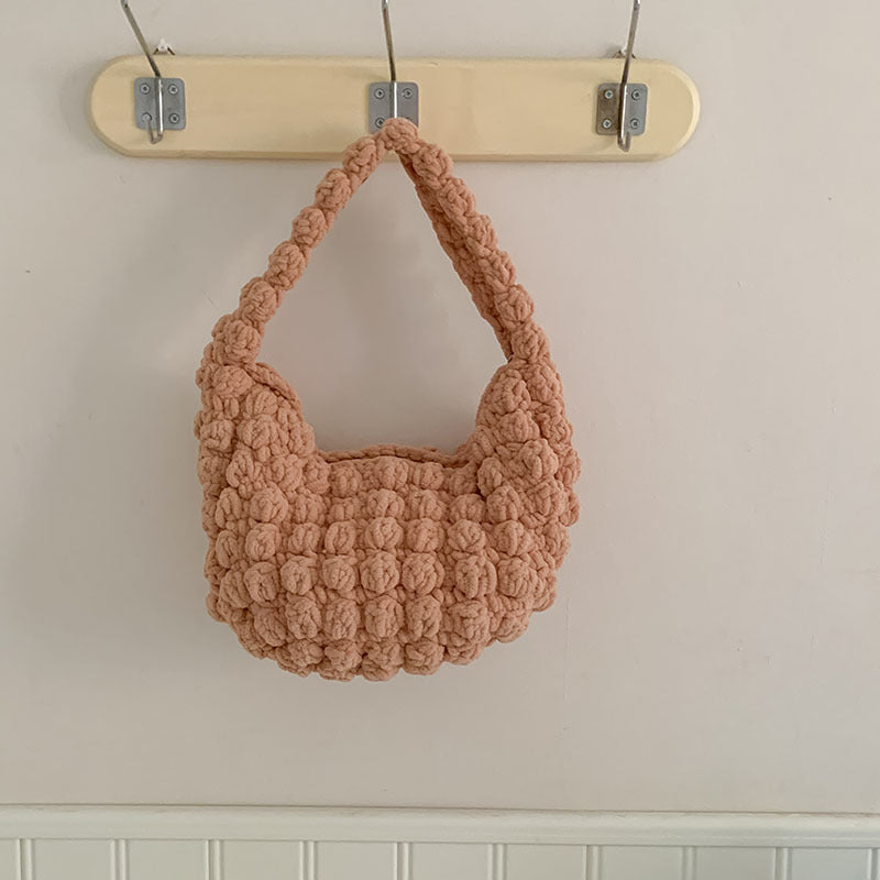 Cute Portable Beanie Straw Bag Handmade Crocheted Solid Color Hand Carrying Woven Bag Women Seaside Vacation Beach Bag