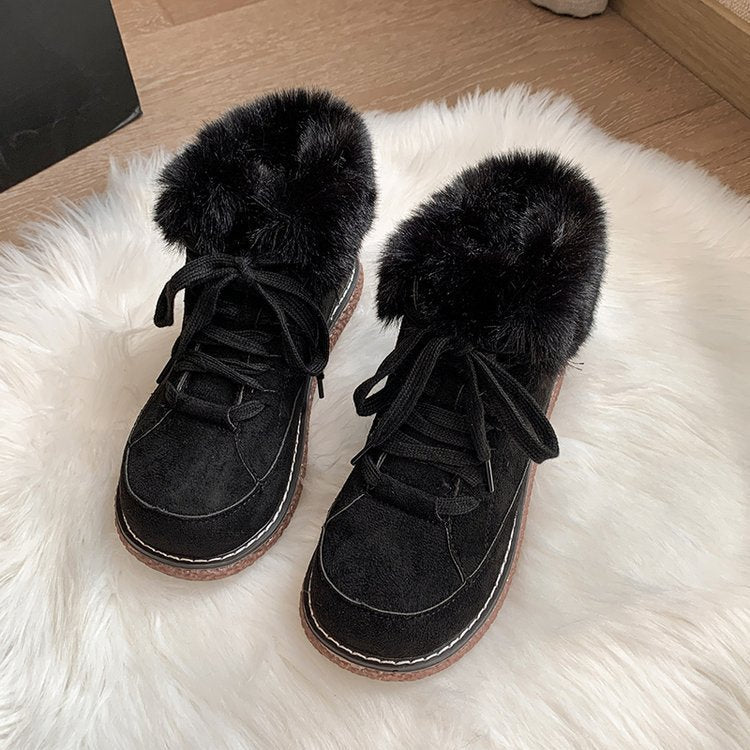 Warm Lace up Low Top Cotton Shoes Women Winter Fleece lined Thickened round Lace up Snow Platform Ankle Boots
