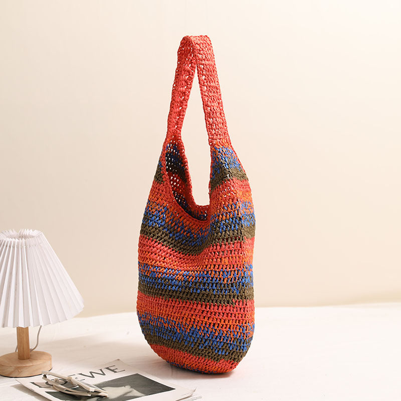 Color Shoulder Straw Bag Casual Large Capacity Woven Bag Seaside Vacation Beach Bag All Matching Straw Bag
