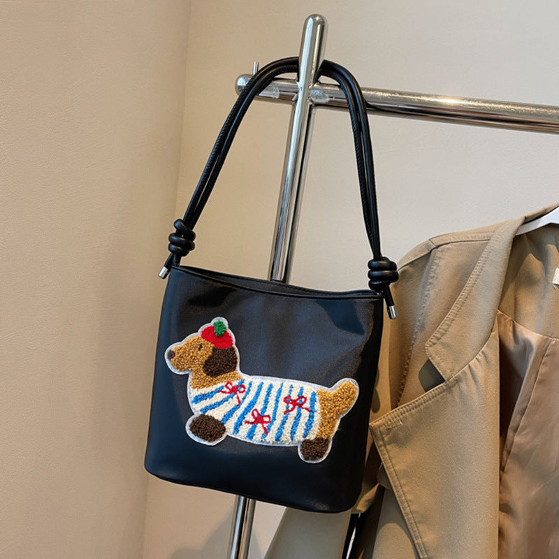 Adorable Cute Puppy Pattern Canvas Bag - Fashionable Bucket Style Shoulder Bag for Students & Women Hobo