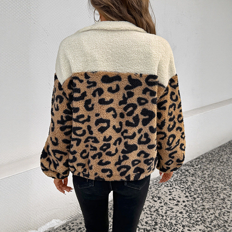 Women Clothing Woolen Jacket Long Sleeved Autumn Winter Leopard Print Wool Warm Polo Collar Top