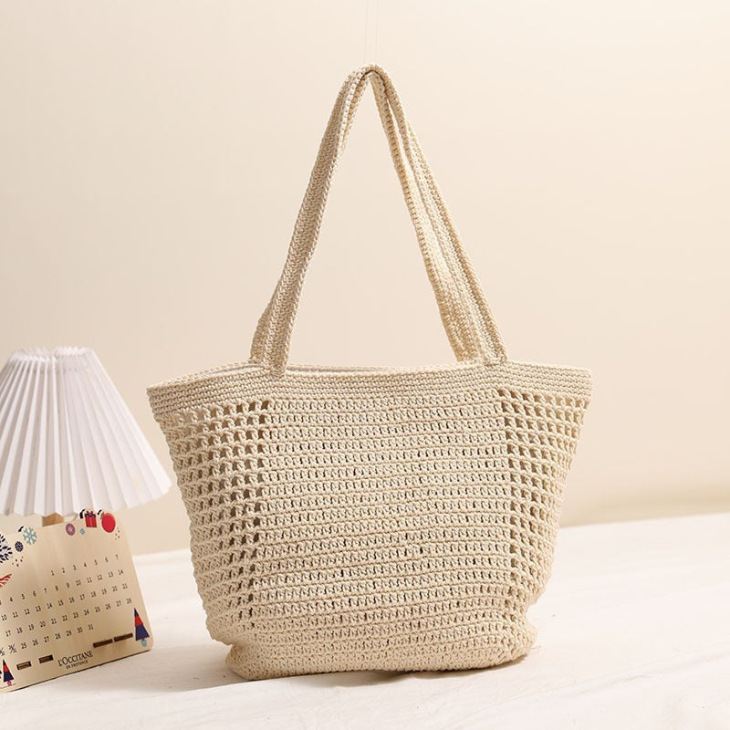 Large Capacity Cotton Thread Woven Bag Hollow Out Cutout Shoulder Straw Bag Vacation Beach Bag Women Bag