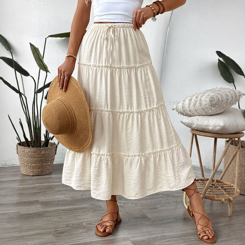 Summer White Stitching Skirt Women Simple Elastic Waist A line Umbrella Maxi Skirt