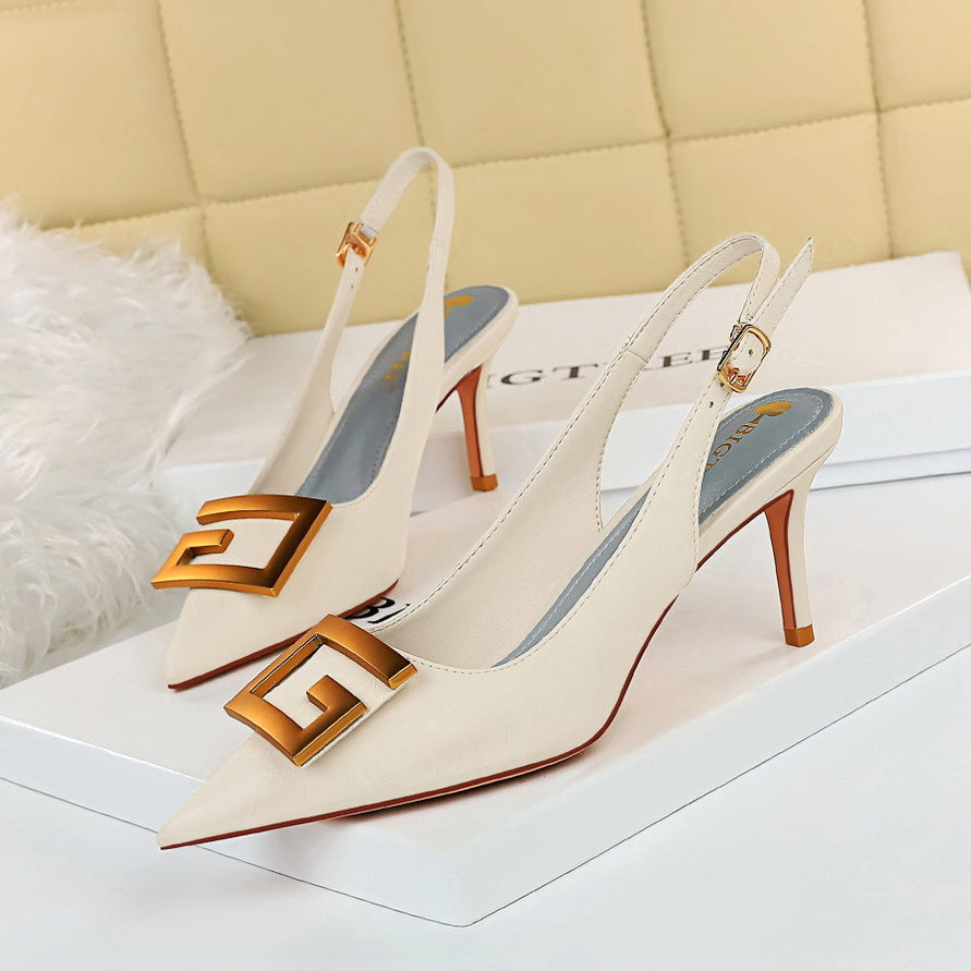 Women Shoes Stiletto Heel Shallow Mouth Pointed Toe Hollowed Back Strap Metal Square Buckle Pumps