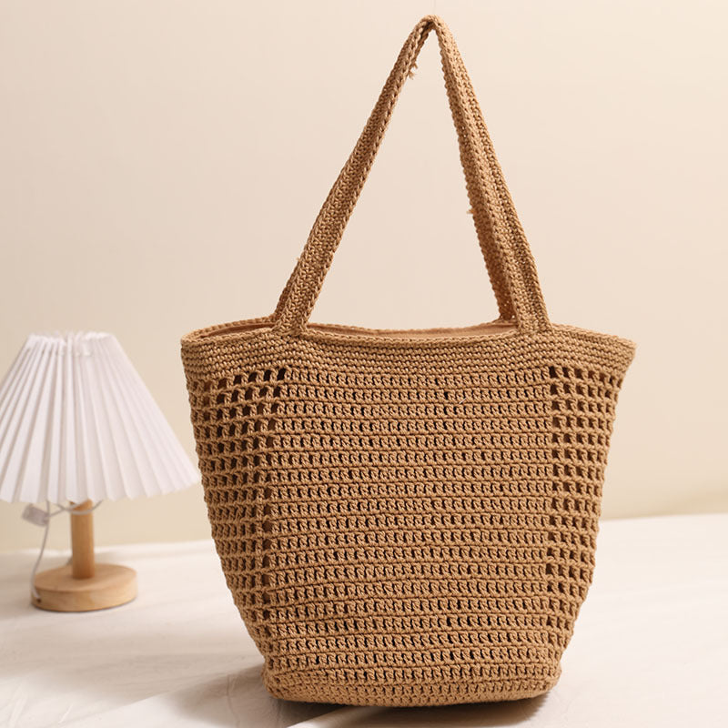Large Capacity Cotton Thread Woven Bag Hollow Out Cutout Shoulder Straw Bag Vacation Beach Bag Women Bag
