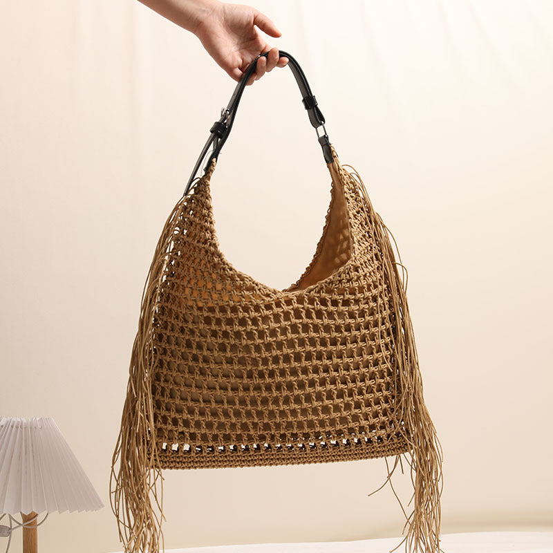 Tassel Shoulder Straw Bag Hollow Out Cutout Woven Bag Seaside Vacation Beach Bag Large Capacity Straw Bag