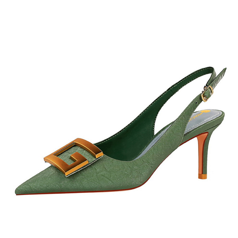 Women Shoes Stiletto Heel Shallow Mouth Pointed Toe Hollowed Back Strap Metal Square Buckle Pumps