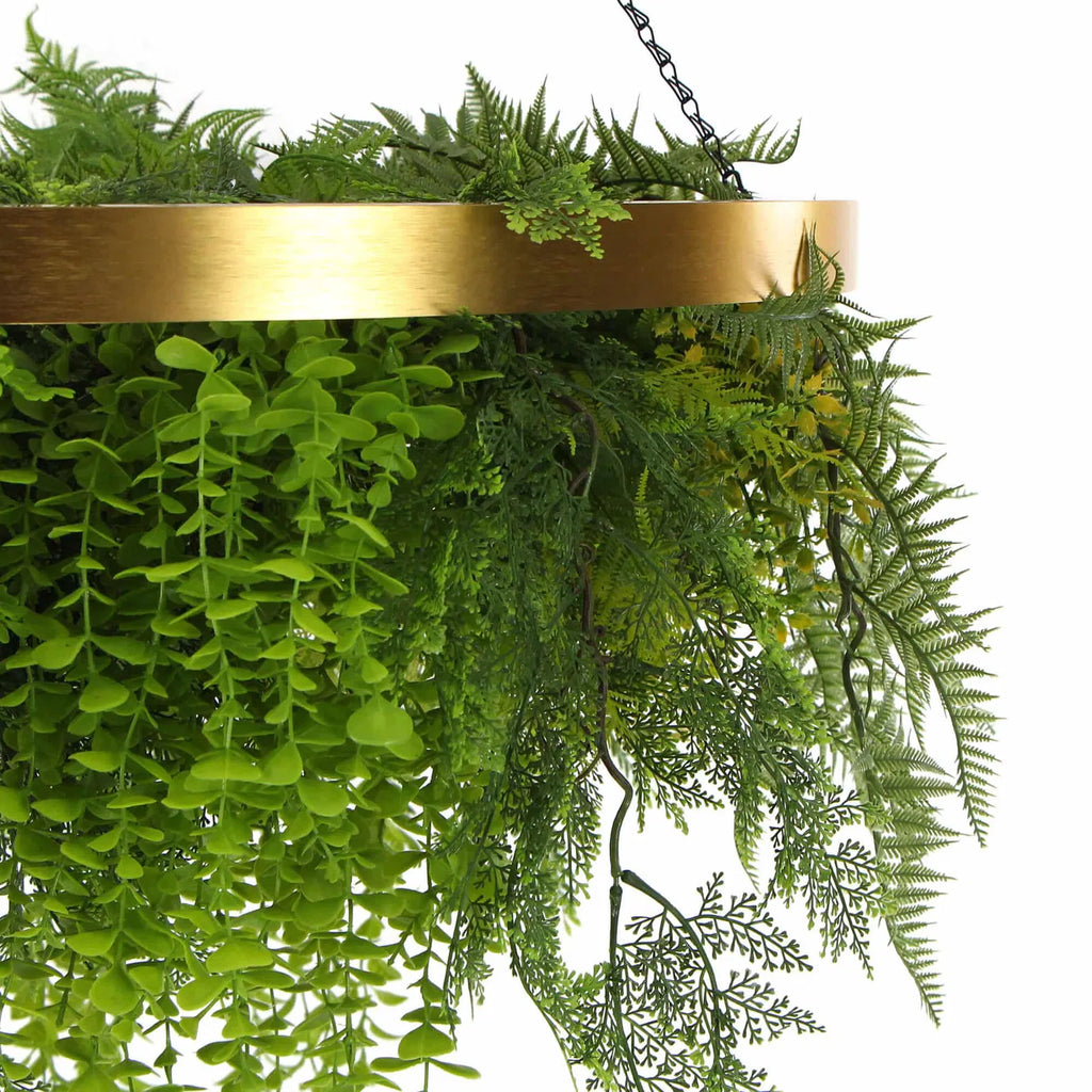Imitation Gold Artificial Hanging Green Wall Disc Draping Plant Arrangement 32in – Limited Edition – UV Resistant
