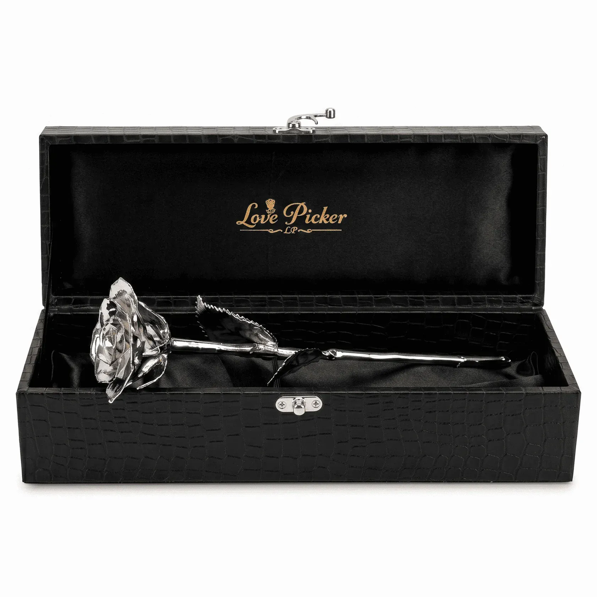 Platinum Dipped Natural Rose 11.5" - Black Luxe Vegan Leather Gift Box