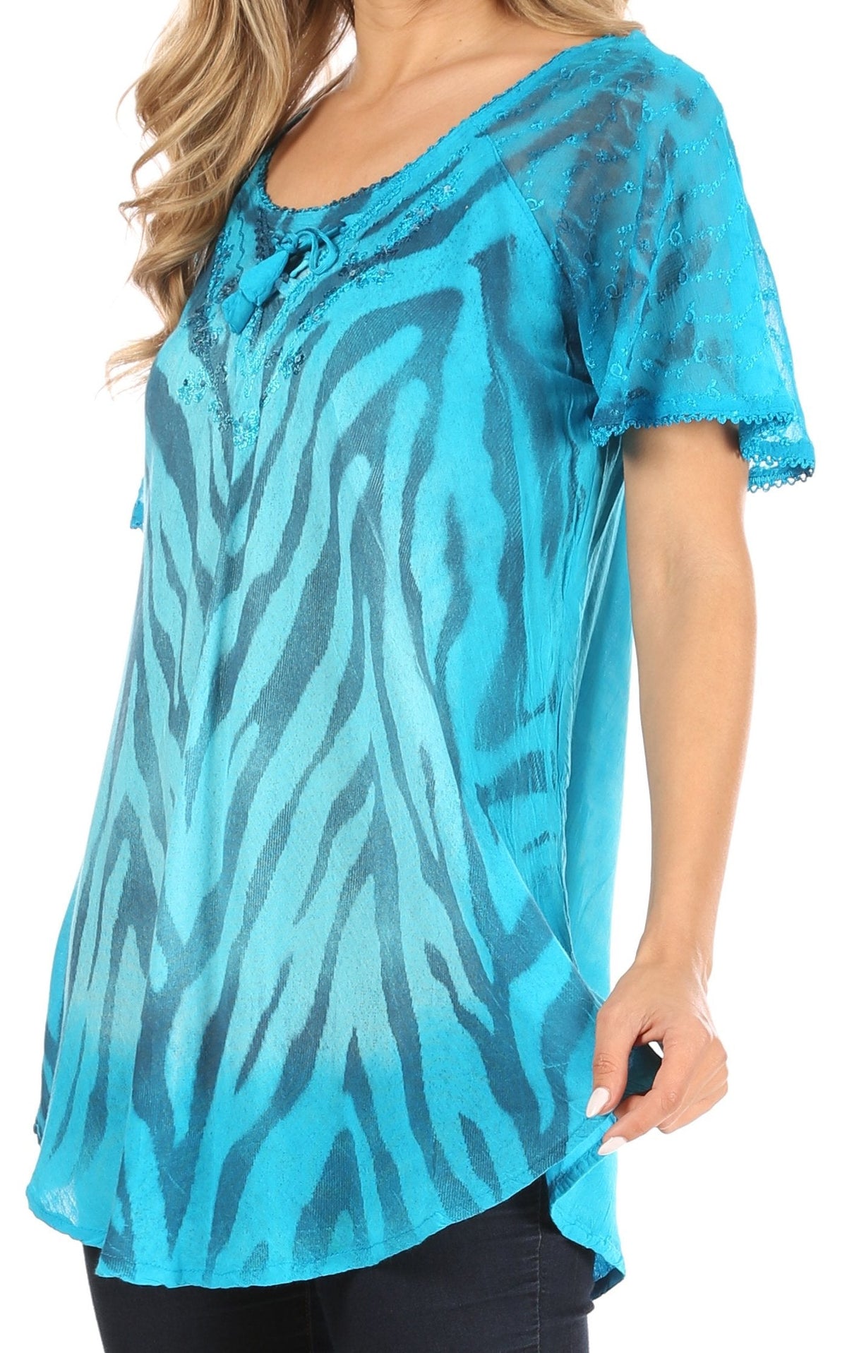 Sakkas Petra Women's Casual Loose Flared Corset Short Sleeve Lace Blouse Top Tunic