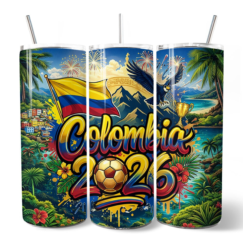 Colombia 2026 Soccer Cup Global Championship 20oz Tumbler With Lid and Stainless Steel Straw, Fans Football Gift Cup