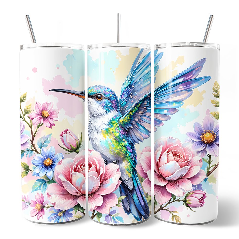 Beautiful Floral Hummingbird 20oz Personalized Tumbler With Lid and Stainless Steel Straw, Vibrant Roses Travel Mug Gift