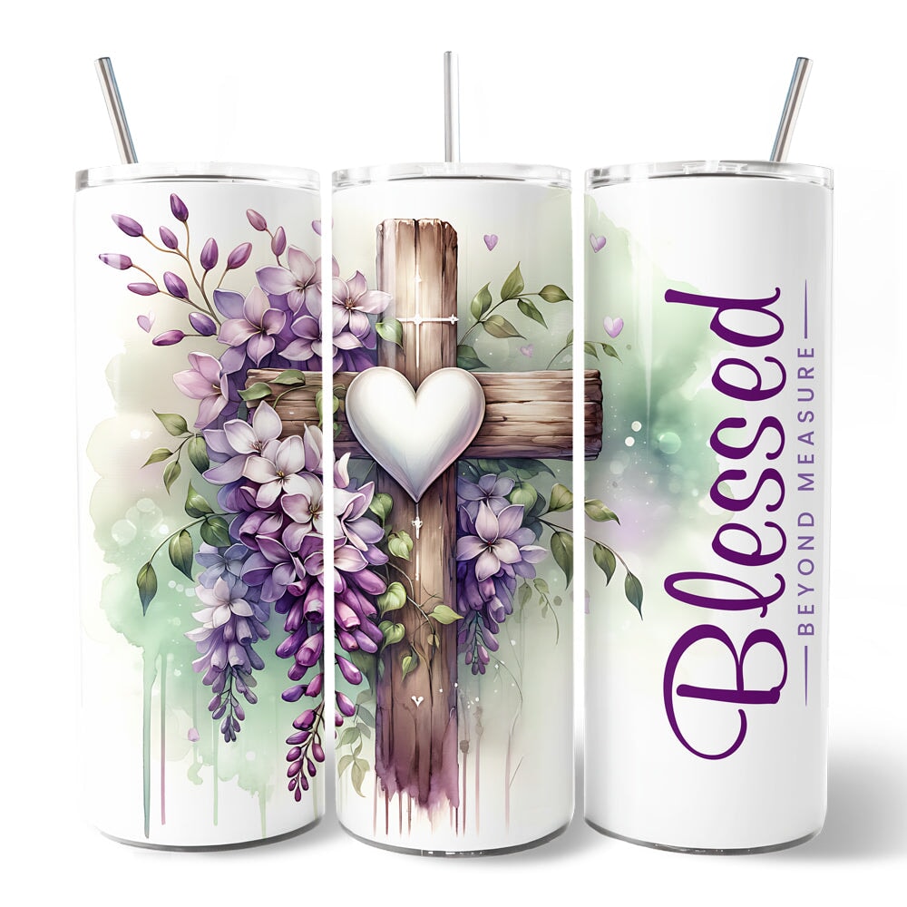 Christian Purple Wisteria Cross 20oz Personalized Tumbler With Lid and Stainless Steel Straw, Blessed Beyond Measure Gift Cup