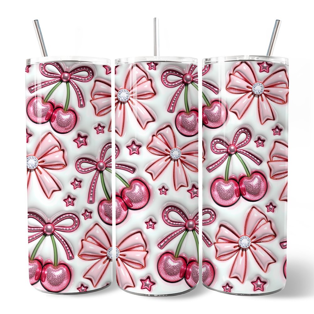 Coquette Cherry Bows 3D Inflated Tumbler With Lid and Stainless Steel Straw, Spring Floral Travel Mug Gift