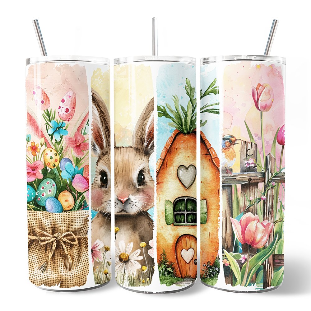 Easter Bunny Floral Brushstroke 20oz Personalized Tumbler With Lid and Stainless Steel Straw, Spring Pastel Coquette Travel Mug Gift