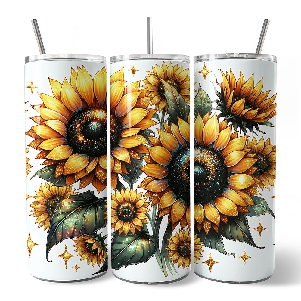 Glittered Sunflower Pattern 20oz Personalized Tumbler With Lid and Stainless Steel Straw, Yellow Summer Flowers Travel Mug Gift