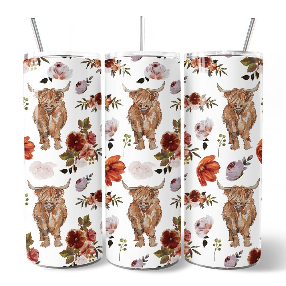 Highland Cow Floral 20oz Personalized Tumbler With Lid and Stainless Steel Straw, Chic Western Farmhouse Gift Cup
