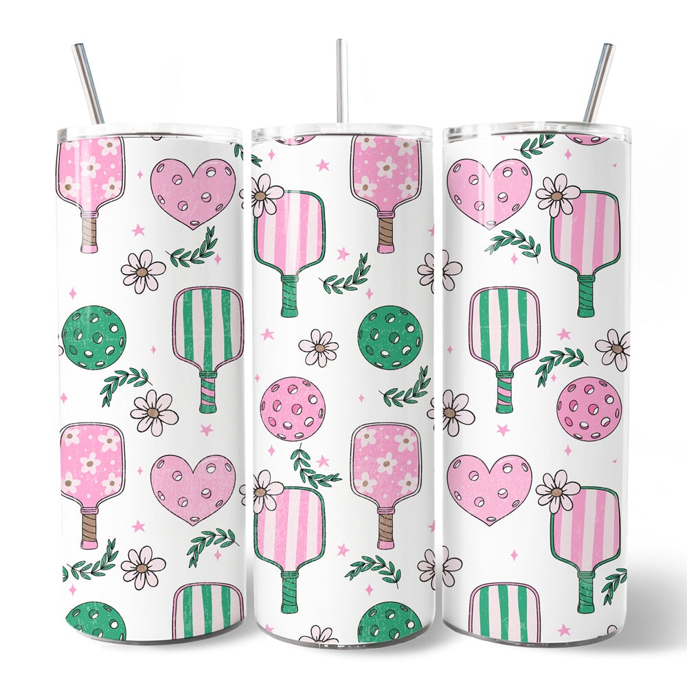 Sporty Coquette Pink Retro Pickleball 20oz Personalized Tumbler With Lid and Stainless Steel Straw, Valentine Travel Mug Gift