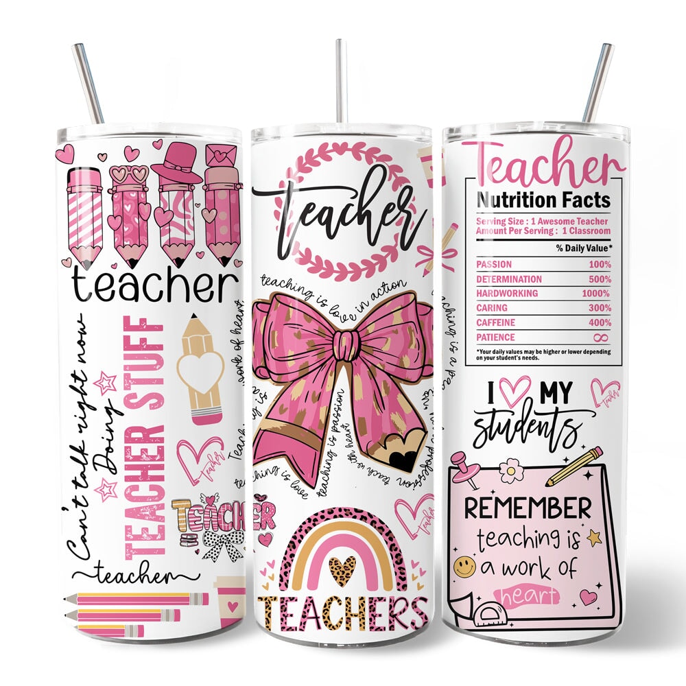 Teacher Life Pink 3D Inflated 20oz Personalized Tumbler With Lid and Stainless Steel Straw, Educator Appreciation Gift Cup