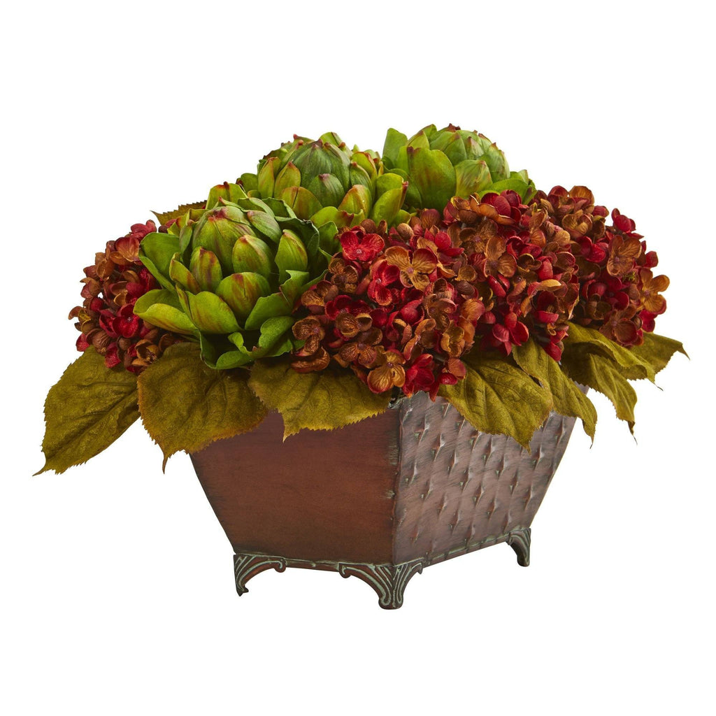 12" Artificial Arrangement Hydrangea & Artichokes in Metal Planter"