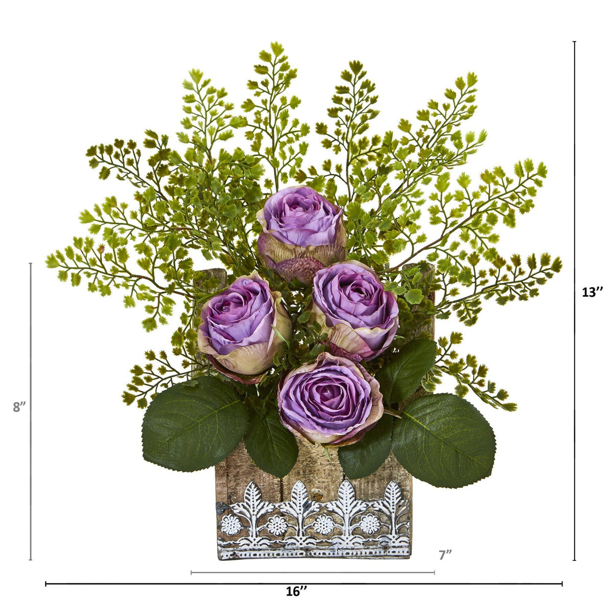 13” Rose and Maiden Hair Arrangement in Hanging Planter