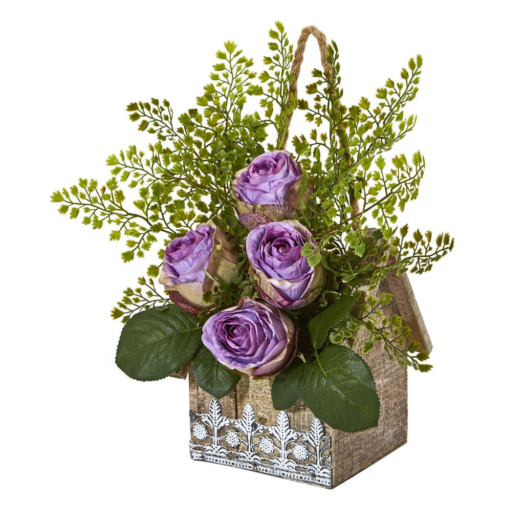13” Rose and Maiden Hair Arrangement in Hanging Planter