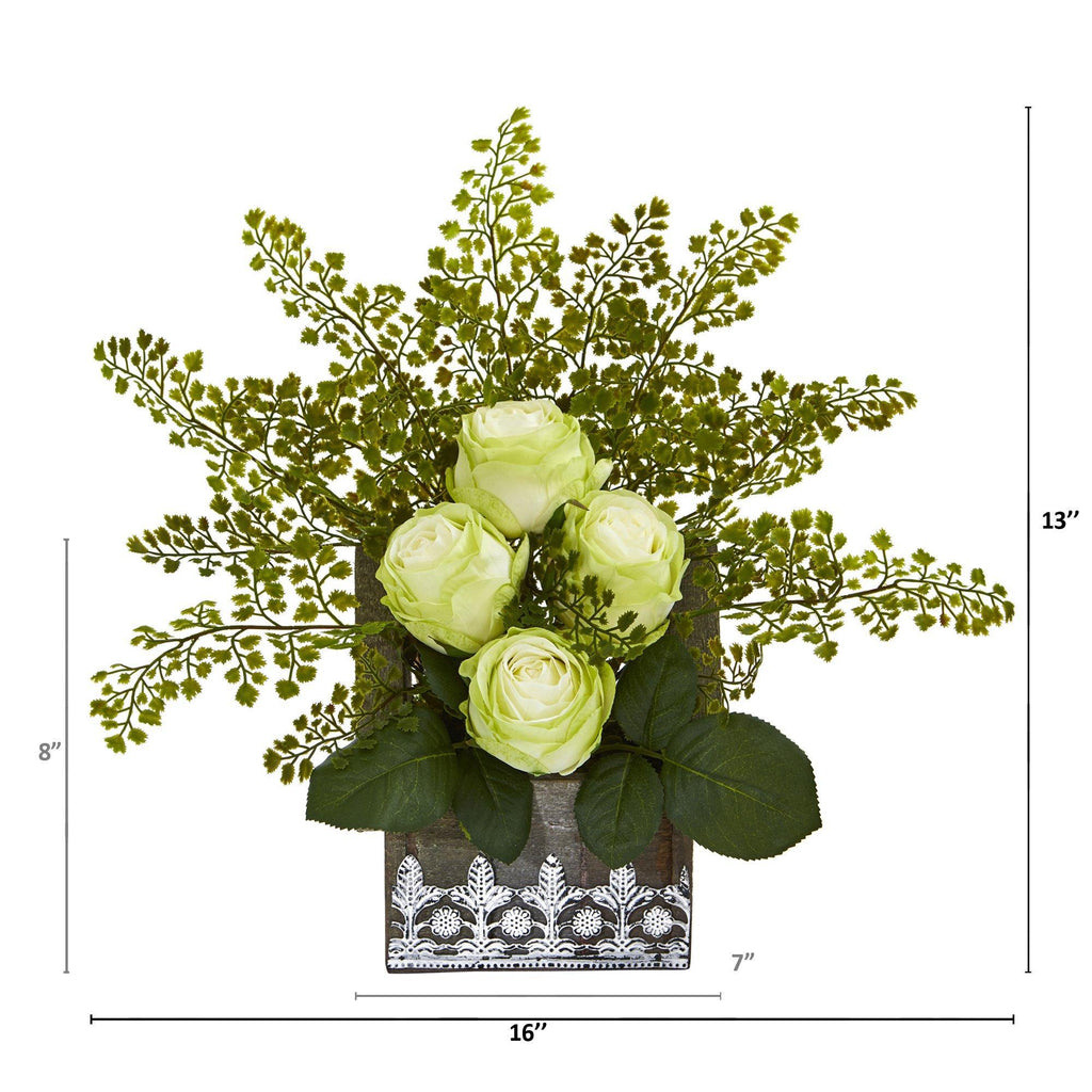 13” Rose and Maiden Hair Arrangement in Hanging Planter