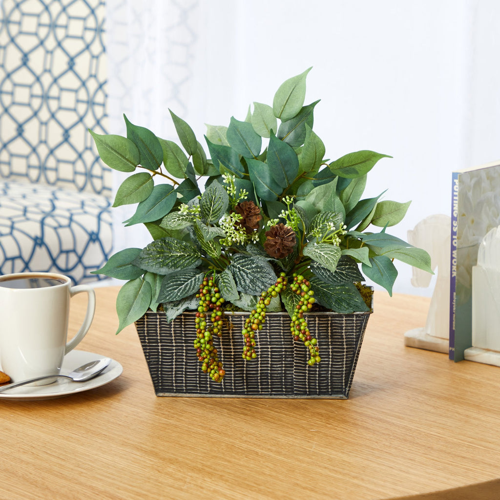 14” Mixed Ficus and Fittonia Artificial Plant in Embossed Tin Planter