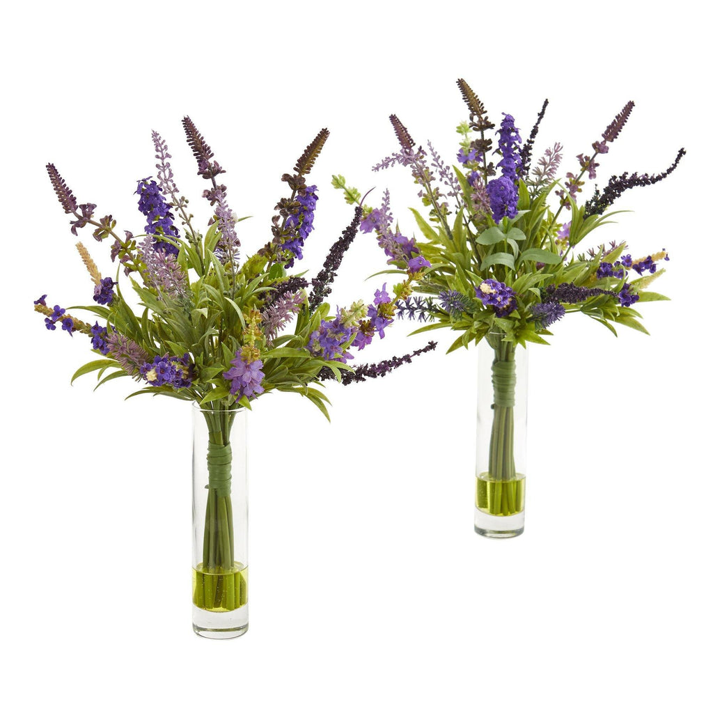 15” Lavender Artificial Arrangement in Glass Vase (Set of 2)