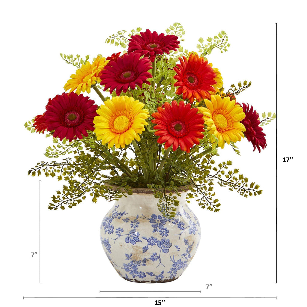 17” Silk Gerber Daisy and Silk Maiden Hair Flower Arrangement in Vase