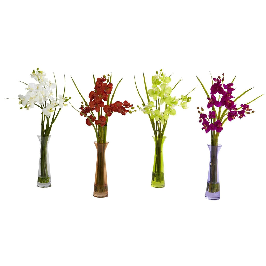 18" Artificial Mini Phalaenopsis In Colored Vases (Set of 4)"