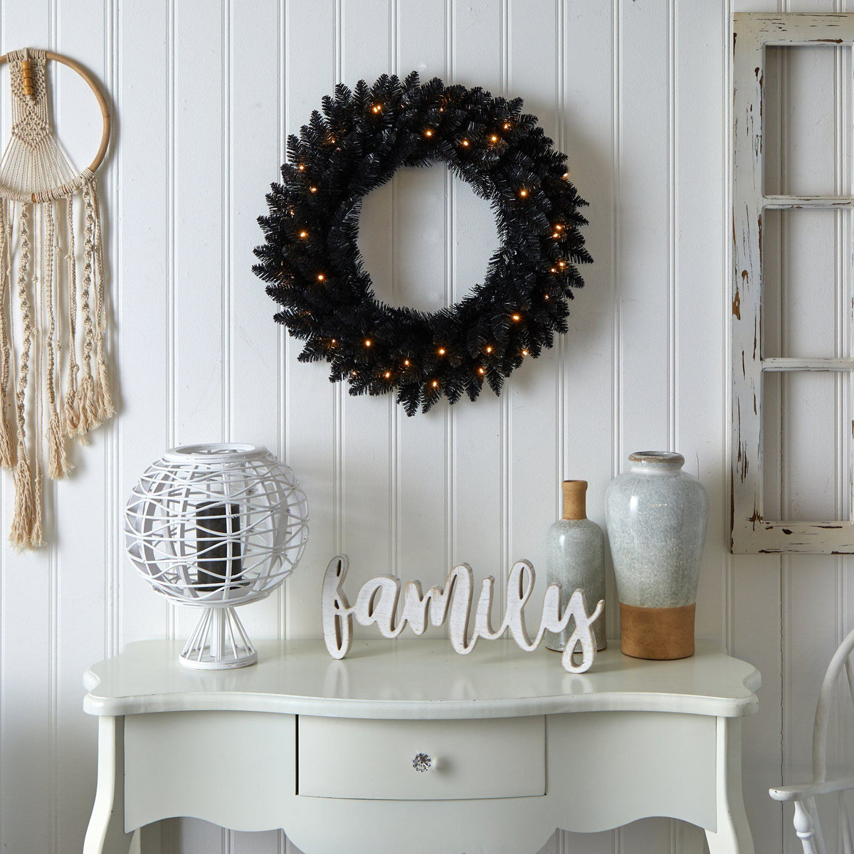 24” Black Artificial Wreath with 35 Warm White LED Lights