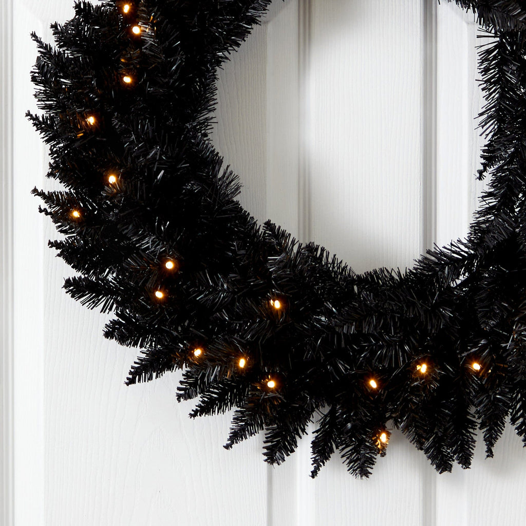 24” Black Artificial Wreath with 35 Warm White LED Lights