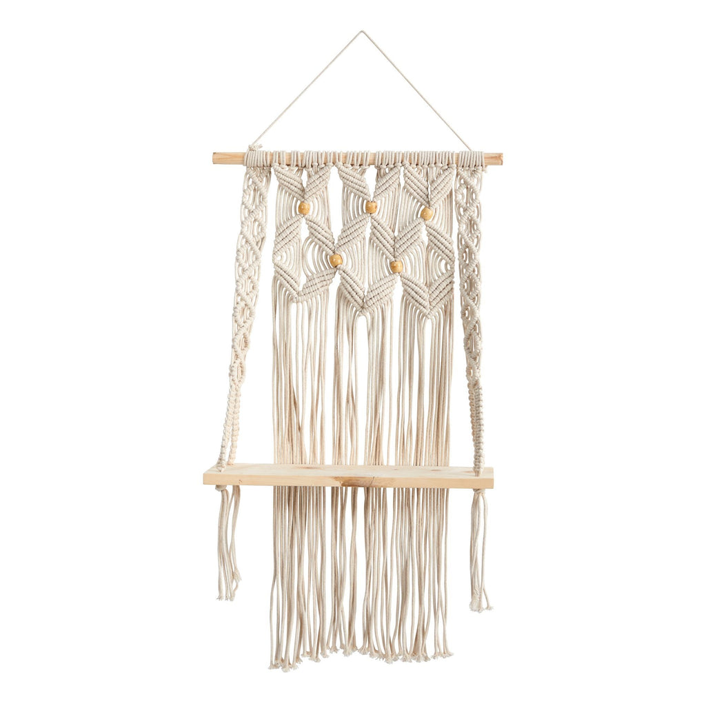 2.5’ x 1.5’ Handmade Boho Macrame Wall Hanging with Wooden Shelf