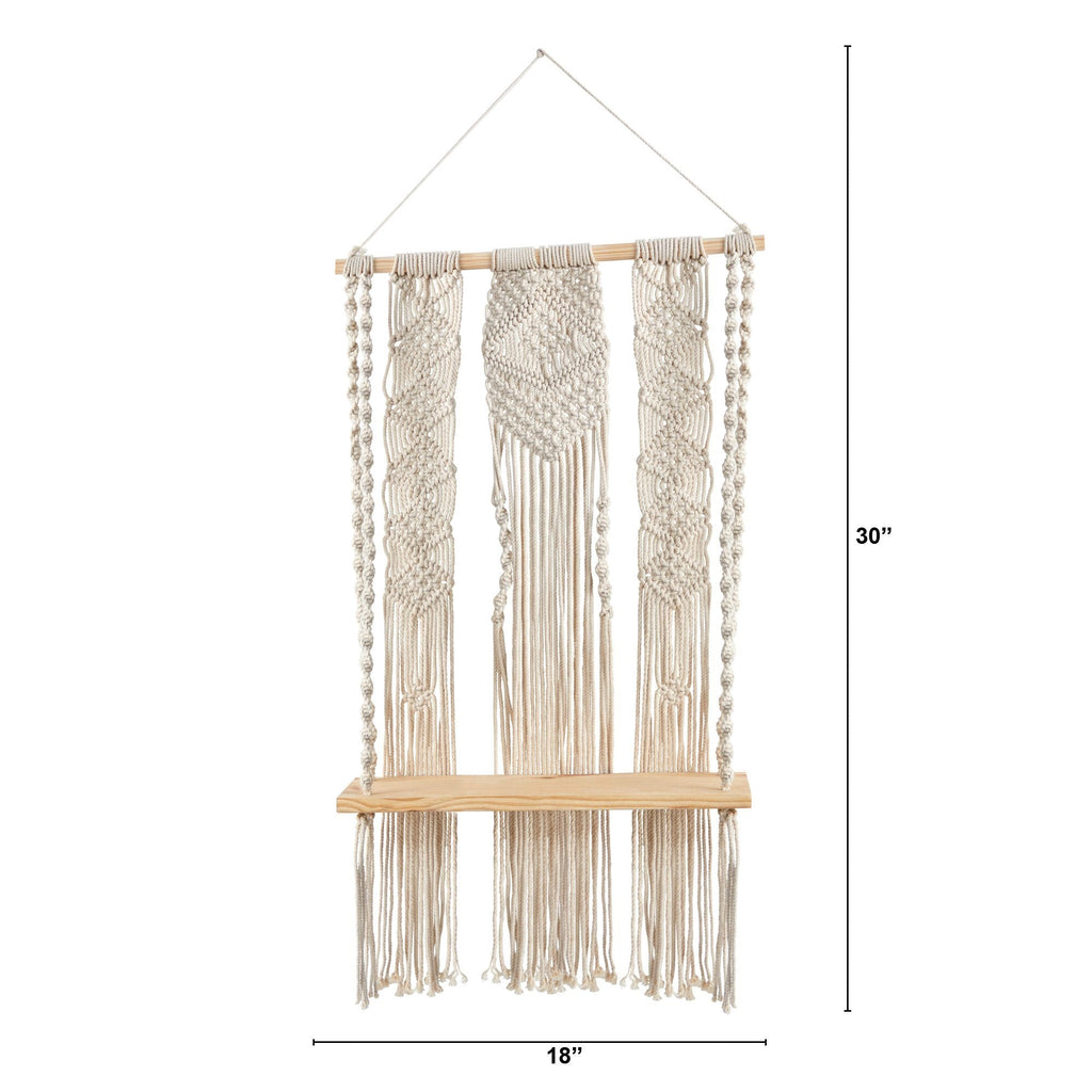2.5’ x 1.5’ Layered Macrame Wall Hanging with Wooden Shelf