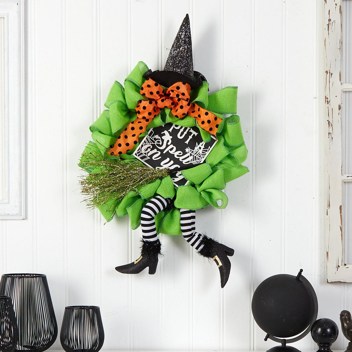 26" Halloween Witch Broom and Hat Mesh Wreath