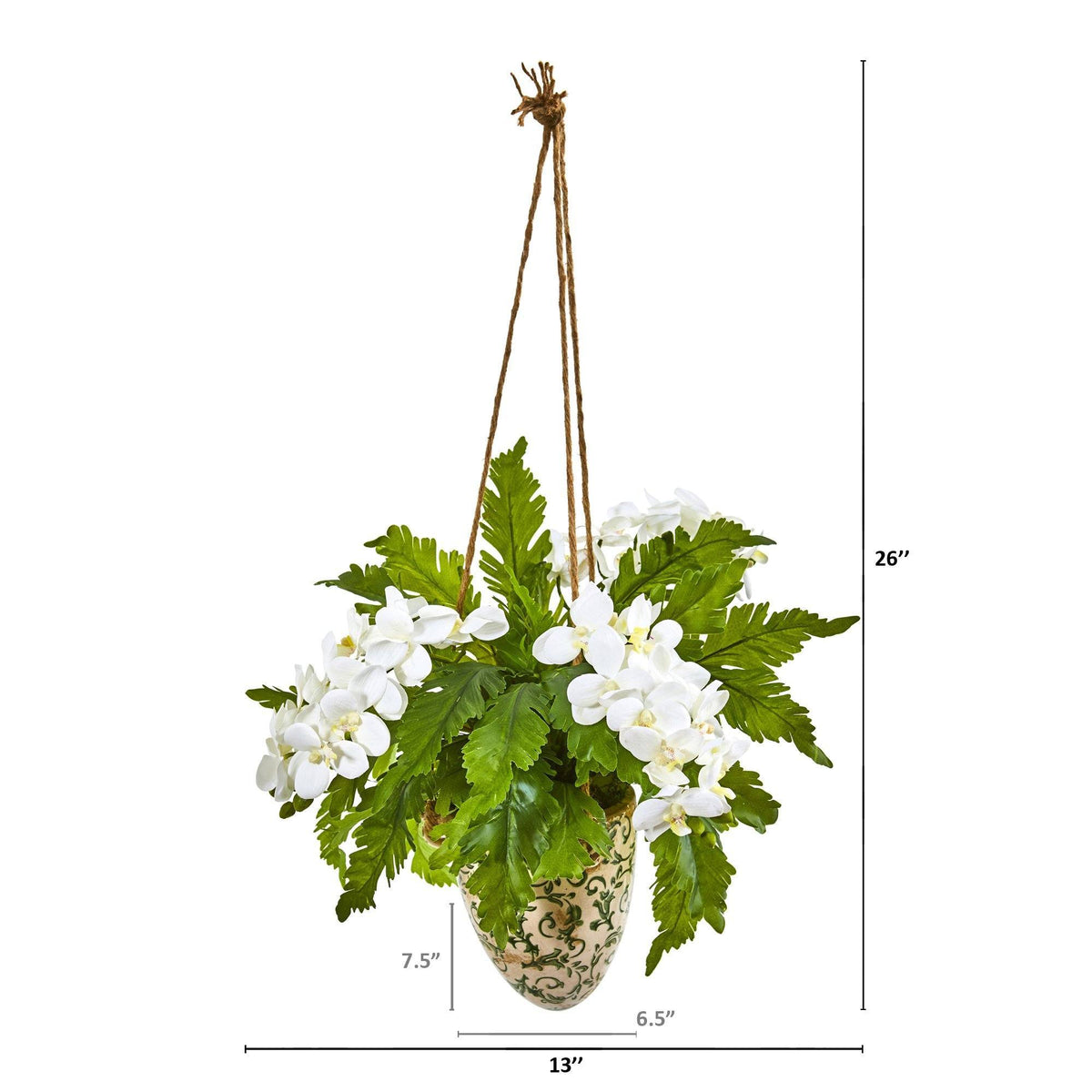 26” Phalaenopsis Orchid and Fern Plant in Hanging Vase