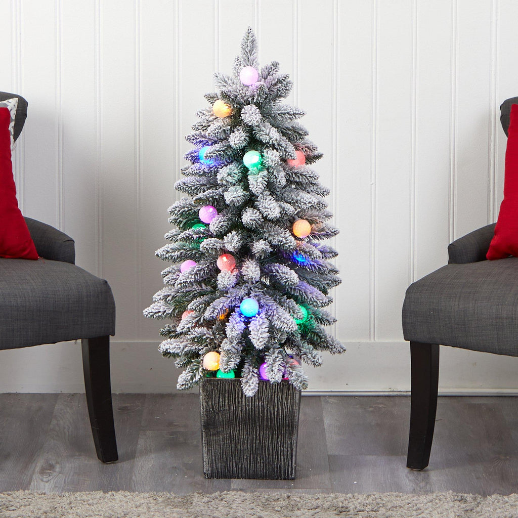 3’ Flocked Highland Fir Tree with 127 Branches and 20 LED Globe Lights in Decorative Planter